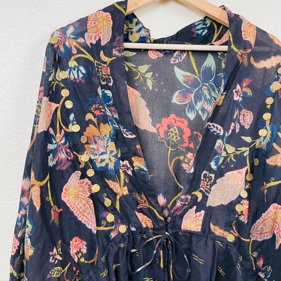 Free People Black Kimono Tie Front Sheer Floral OS - Picture 2 of 5